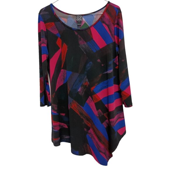Clara Sun Woo Womens Tunic Top Small Multi Abstract Art Liquid Knit Angled Hem - Picture 1 of 6